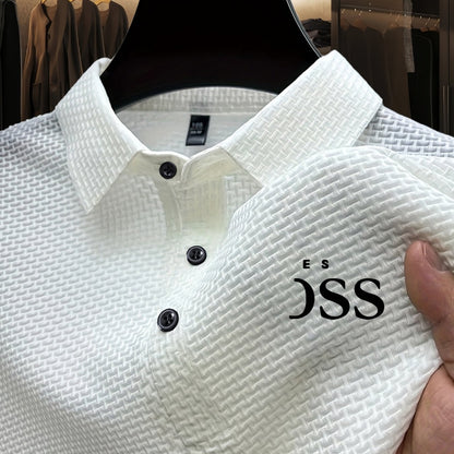 Men'S Summer Short Sleeve Polo Shirt, Soft Logo Fabric, Breathable Lightweight Casual Business Casual, Geometric Pattern, Lapel Collar, Medium Stretch, Regular Fit, Button Detail, Outdoor and Office Wear, Comfortable Everyday - ayq
