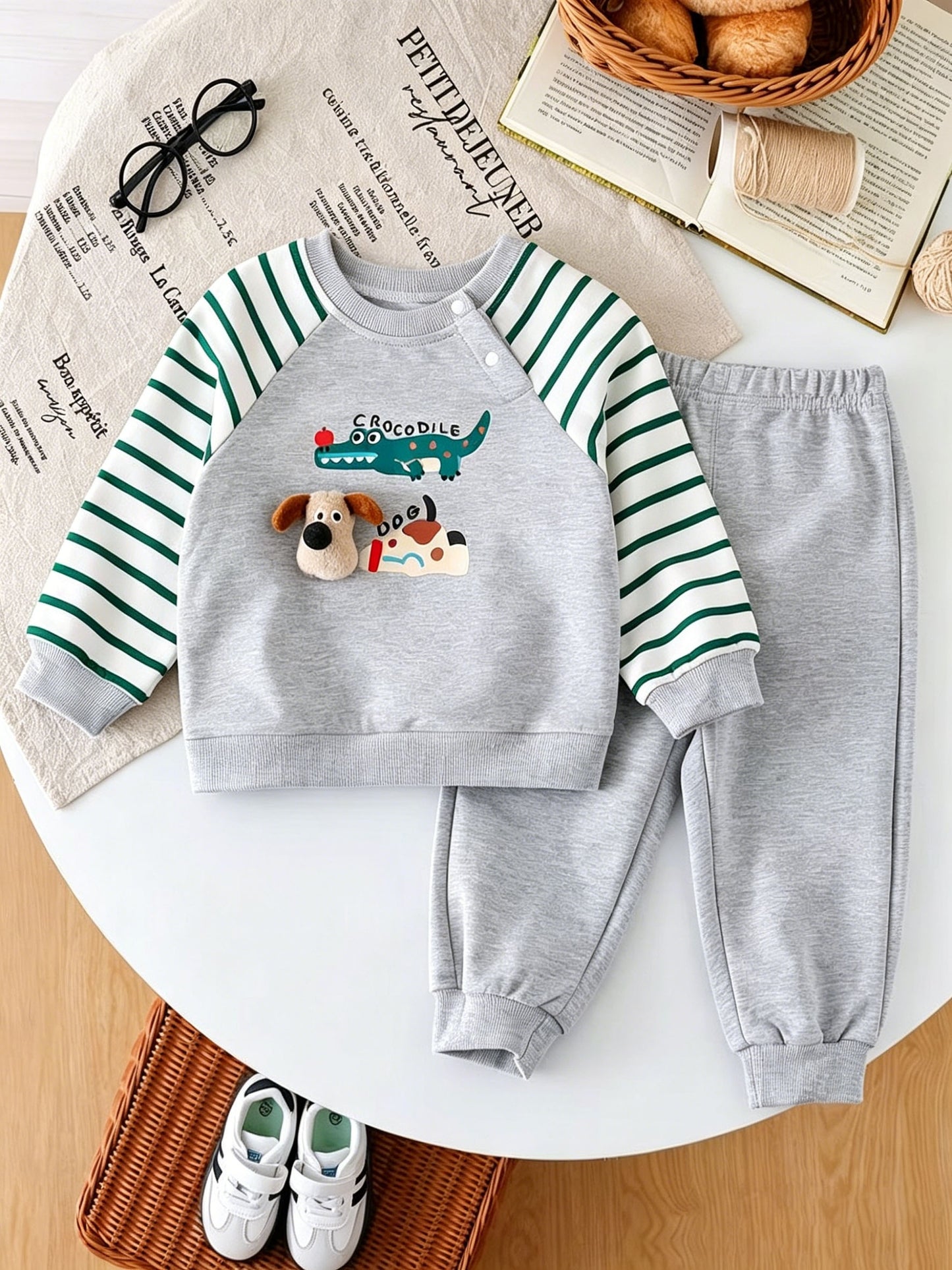 Boys 2-Piece Cotton Set: Striped Long Sleeve Top & Grey Pants