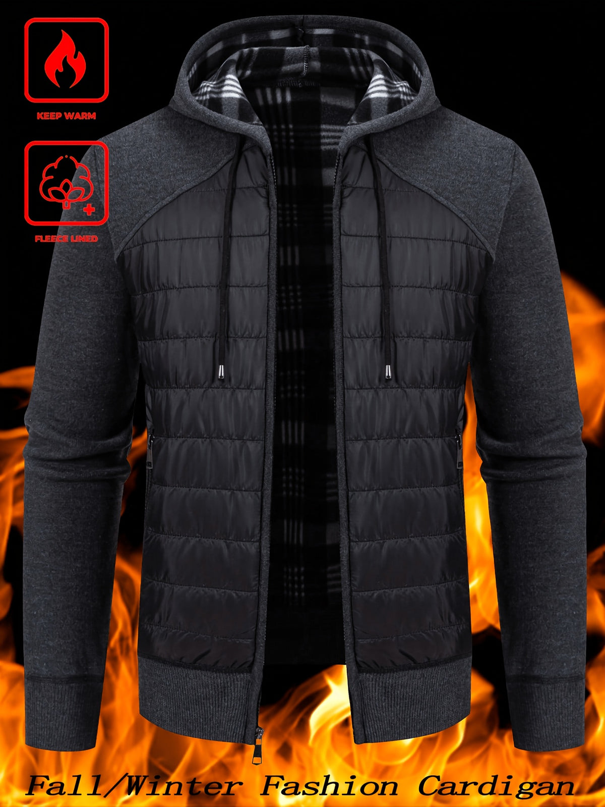 Men's Quilted Hooded Zip-Up Jacket with Plaid Lining for Winter