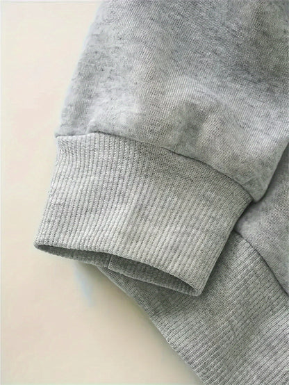 New Arrival Gray Print Women's Hooded Drawstring Sweatshirt and Pants Set, Autumn/Winter Warm Long-Sleeve Pullover with Hat, Machine-Washable Polyester, Versatile Outfit