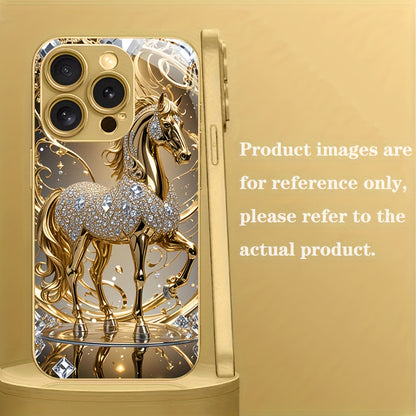 Premium Golden Horse Pattern Gift for 4 Seasons Tempered Glass Phone Case for Iphone 16/16 Pro/16Plus/16Pro Max/15/15 Pro/15 Pro Max/14/14Pro/14 PLUS/14 Pro Max/13/13 Pro/13 Pro Max/13 Mini/12/11 /XR/XS/X/7/8PLUS Mobile Phone