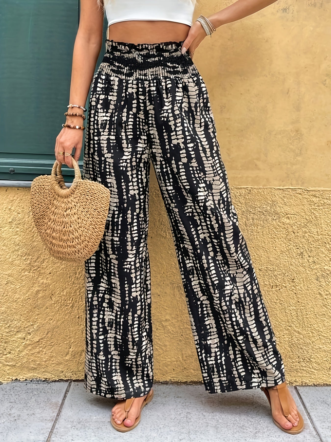 Women's High-Waisted Wide-Leg Printed Trousers for Spring/Summer