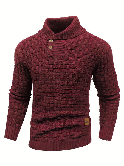 Men's Casual Waffle Pattern High Stretch Sweater, Chic Mature Pullover Sweater For Fall Winter