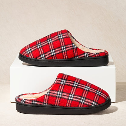 Unisex Plaid Slip-On Slippers for Men & Women - Comfortable Memory Foam Indoor/Outdoor House Shoes with TPR Sole, Warm Fabric Uppers, Blue & Red Options, Perfect for Everyday & Leisure Wear, House Slippers