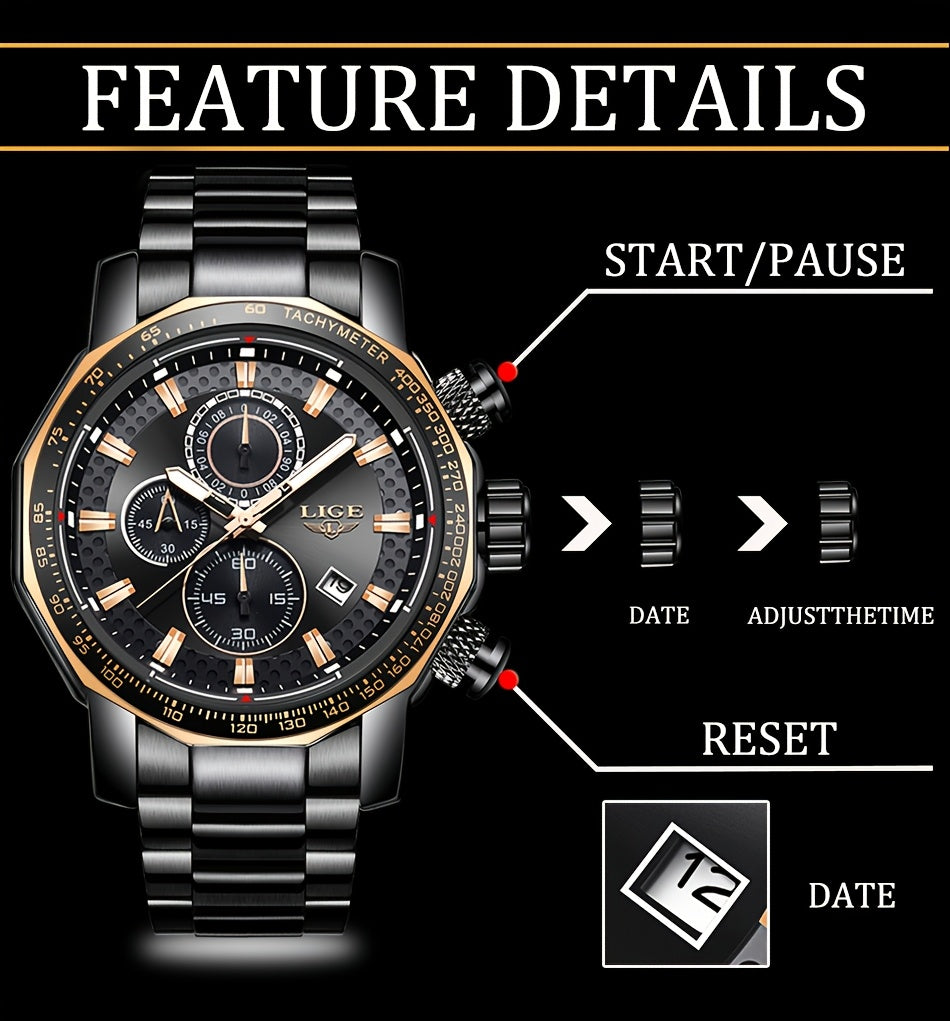 LIGE Watches Fashion Junior Men's Sports Multifunctional Quartz Watch, IP68 Waterproof Watch, Stainless Steel Band, Precision Chronograph, Stopwatch Date Function, Casual Elegant Vintage Style New Watch, Holiday Gifts - ayq
