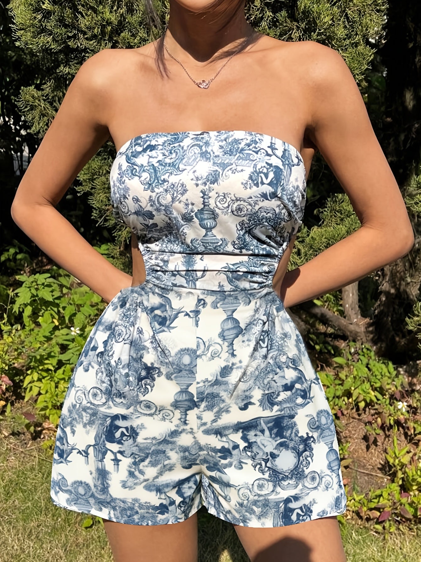 Women's Elegant Printed Backless Crop Top Bodysuit with Bow Tie