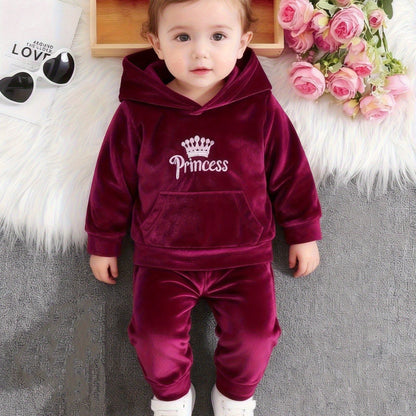 Girls' Long Pants Set, Burgundy Hooded Sweatshirt & Sweatpants, New Autumn Winter Warm Pullover Top, Fabric Two-Piece Set, Princess English Letter Embroidery with Pockets, Festive Holiday Outfit for Baby Girls, Perfect for Ou