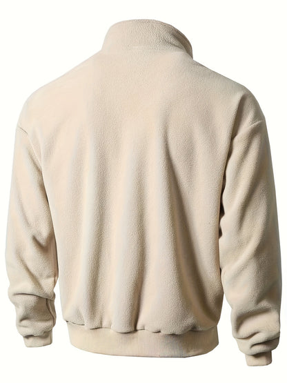 1pc Men'S Casual Sports Fleece Jacket - Solid Color Polyester Knit with Slight Stretch, Stand Collar, Long Sleeve, Regular Fit, Zipper Closure, Daily & Casual Wear