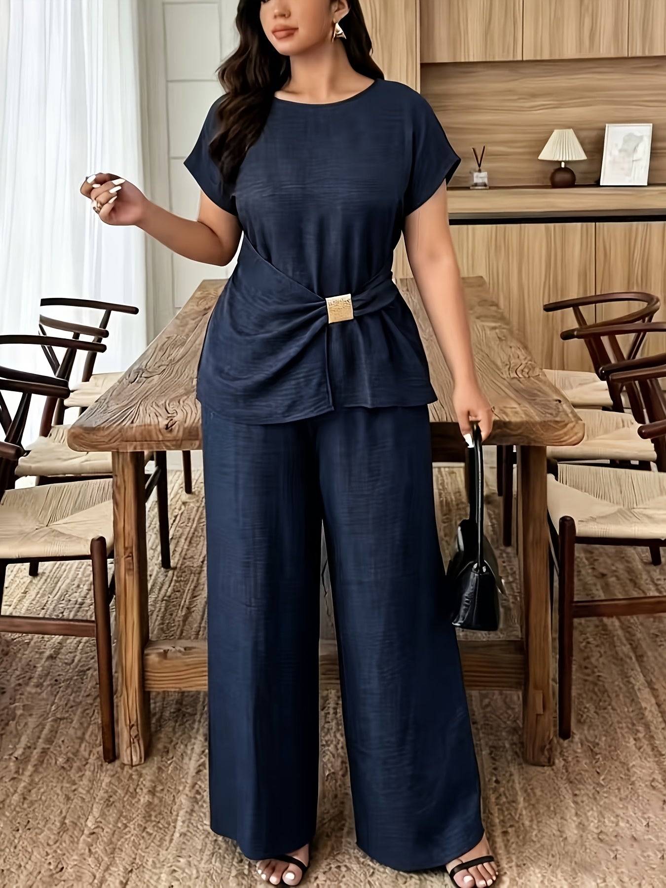 Plus Size Women's Tummy Control Top with Straight Leg Pants