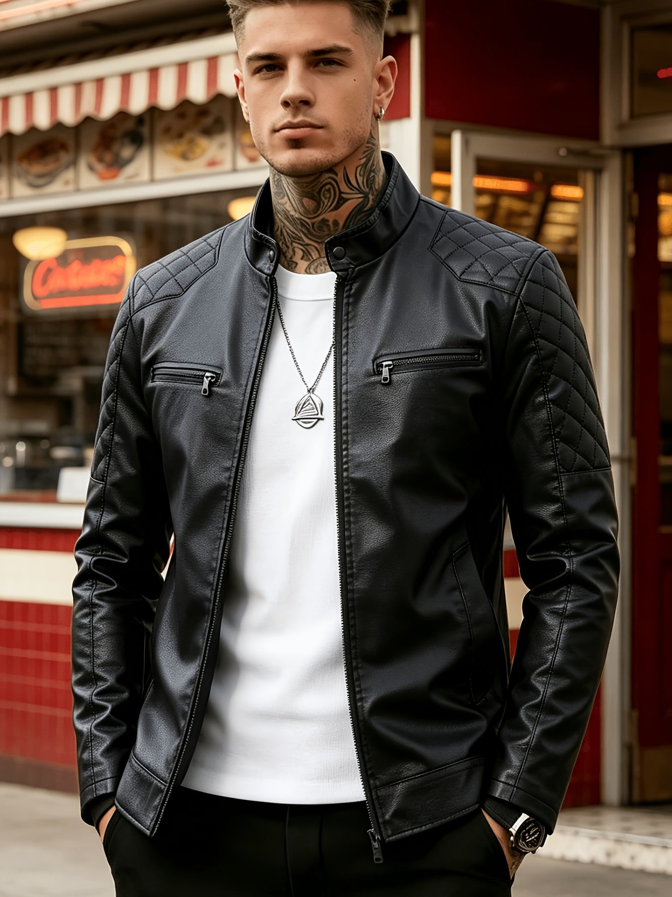 Men's PU Bomber Jacket with Stand Collar - Versatile Style