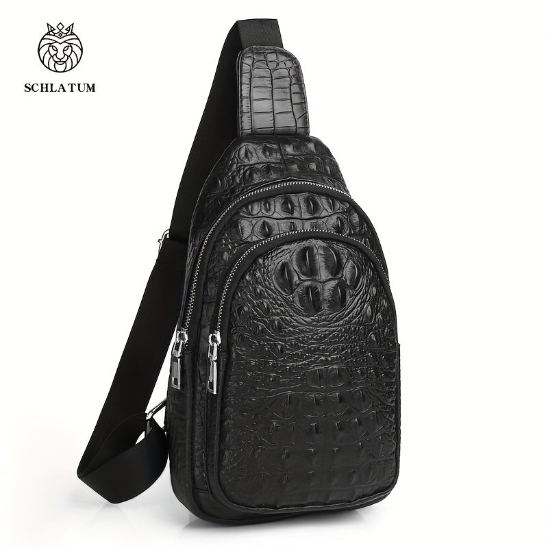 SCHLATUM Genuine Leather Crocodile Pattern Sling Bag - Black, Large-Capacity Multifunctional Crossbody Backpack for Travel, Sports  Camping, Stylish Zipper Closure Design