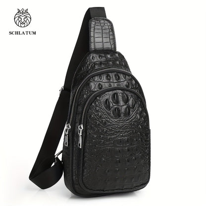 SCHLATUM Genuine Leather Crocodile Pattern Sling Bag - Black, Large-Capacity Multifunctional Crossbody Backpack for Travel, Sports  Camping, Stylish Zipper Closure Design