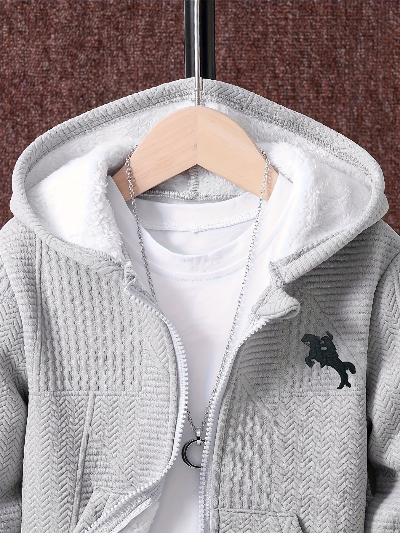 2pcs Boys' Casual Outfit Set, Long Sleeve Hooded Jacket with Embroidery and Zipper, Geometric Pattern Knit Pants, Polyester with Spandex Lining, Regular Fit for Autumn/Winter, for Outdoor