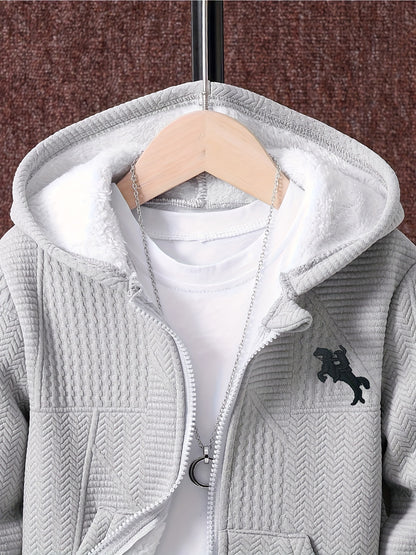 2pcs Boys' Casual Outfit Set, Long Sleeve Hooded Jacket with Embroidery and Zipper, Geometric Pattern Knit Pants, Polyester with Spandex Lining, Regular Fit for Autumn/Winter, for Outdoor