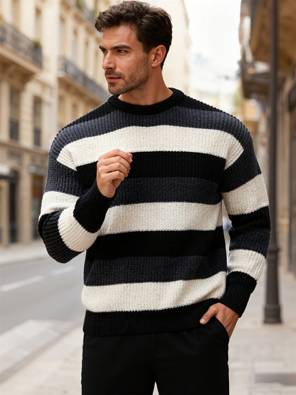 JNBLDA Chic Striped Knitted Sweater, Men's Casual Warm Stretch Round Neck Pullover Sweater for Fall Winter