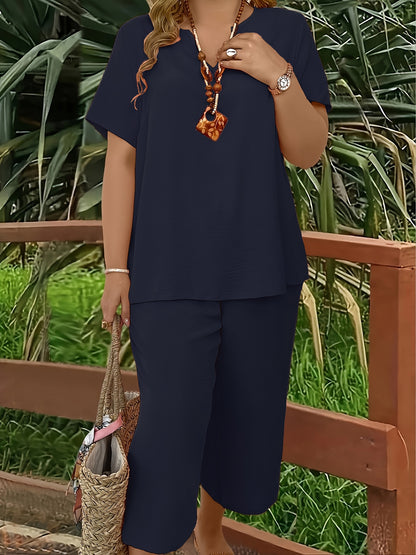 Women's Plus Size Suit, Elegant Solid Color Short Sleeve Top and Wide Leg Pants