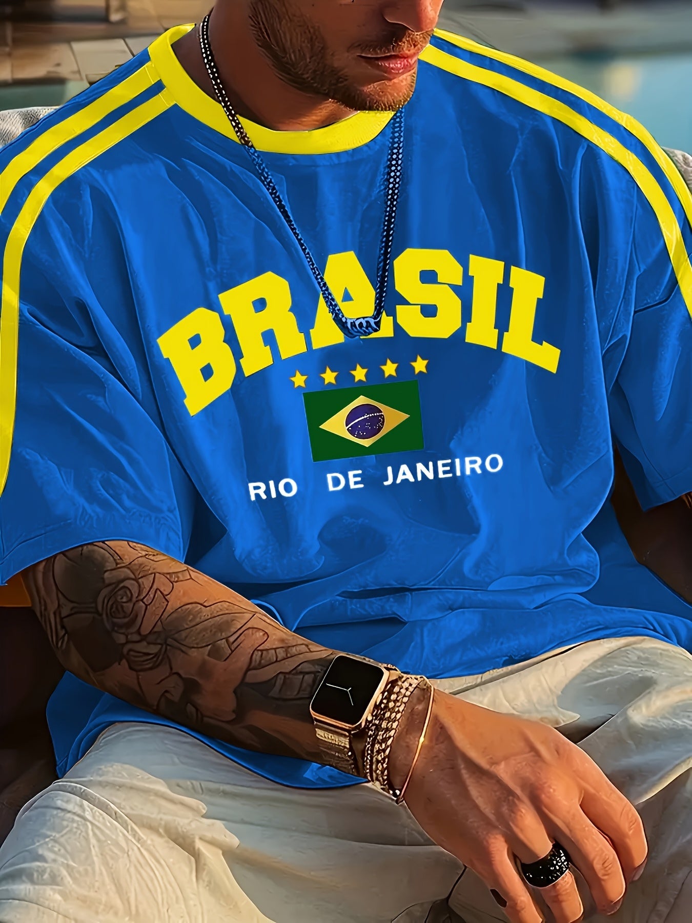 Men'S Casual Short-Sleeve T-Shirt with 3D Digital Printing, Round Neck, Brazilian Style, Made of Slightly Stretchy Polyester Knit Fabric, Suitable for Summer Outdoor Activities And Everyday Wear.