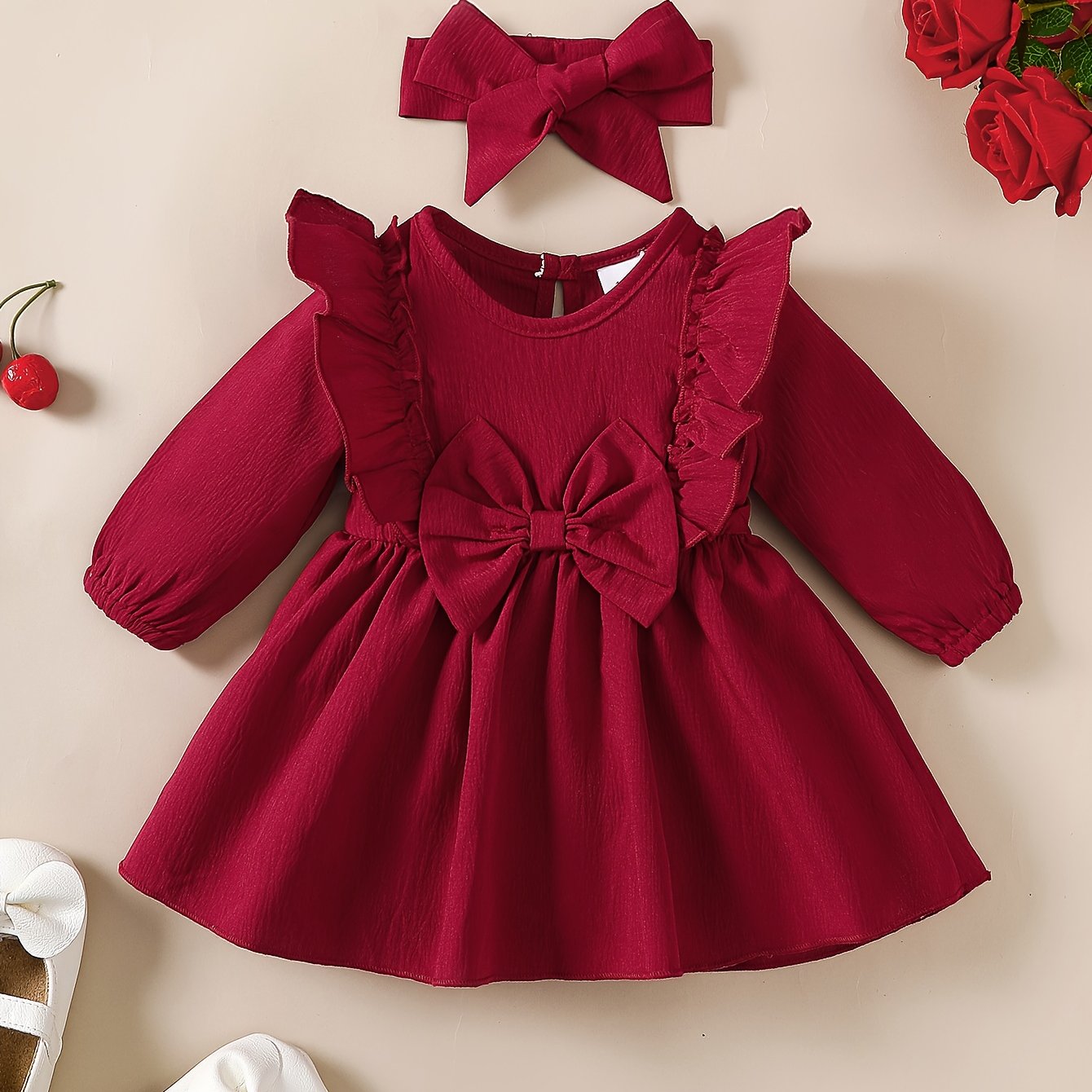 1-18 Months Girls' Red Dress | Christmas New Year Festival Party Wear with Headband, Princess Style, Autumn-Winter Collection, Crew Neck, Long Sleeve, Knee High, Flared Hem