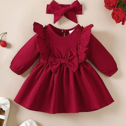 1-18 Months Girls' Red Dress | Christmas New Year Festival Party Wear with Headband, Princess Style, Autumn-Winter Collection, Crew Neck, Long Sleeve, Knee High, Flared Hem