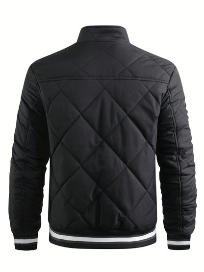 Men's Casual Quilted Polyester Jacket with Stand Collar