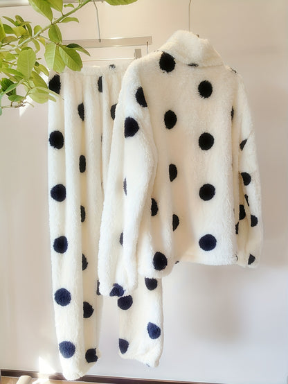 2pcs Women'S Autumn & Winter Loungewear Set | Polka Dot High Neck Zip-Up Jacket + Pants with Pockets, Loose Fit, Long Sleeve Drop Shoulder Style for Casual Home Wear.