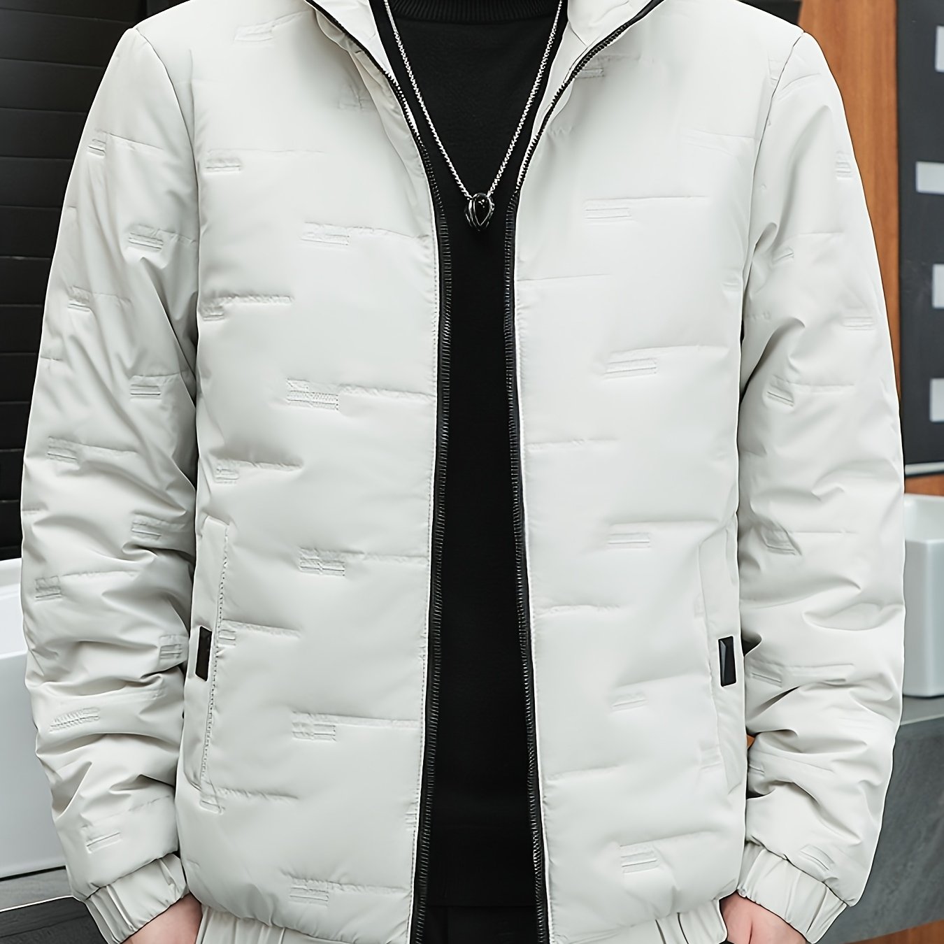 Men's Winter Windproof Thickened Warm College Style Zip-Up Hooded Jacket with Pockets, Casual and Sporty, Machine Washable - Solid Color Suitable for Hiking and Outdoor Activities