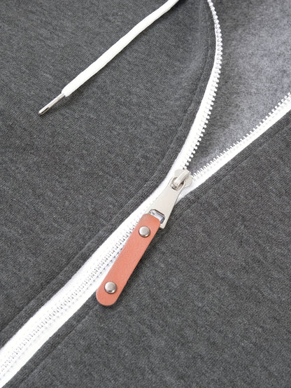 Men'S Stylish Color Block Hoodie - Casual Zip-Up Hooded Sweatshirt with Front Pockets, Long Sleeves, and Ribbed Cuffs - Maroon & Black Design, Comfortable for Fall and Winter Wear