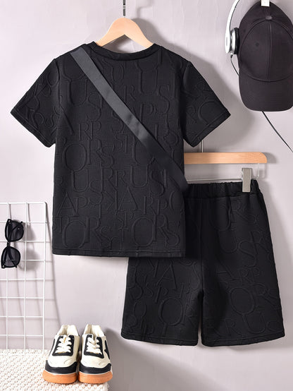 Boys' Stylish White Short Sleeve T-Shirt + Casual Shorts + Fashion Crossbody Bag Set, Perfect for Outdoor