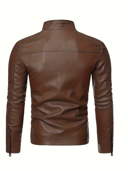 Men's Black Quilted Faux Leather Biker Jacket with Stand Collar