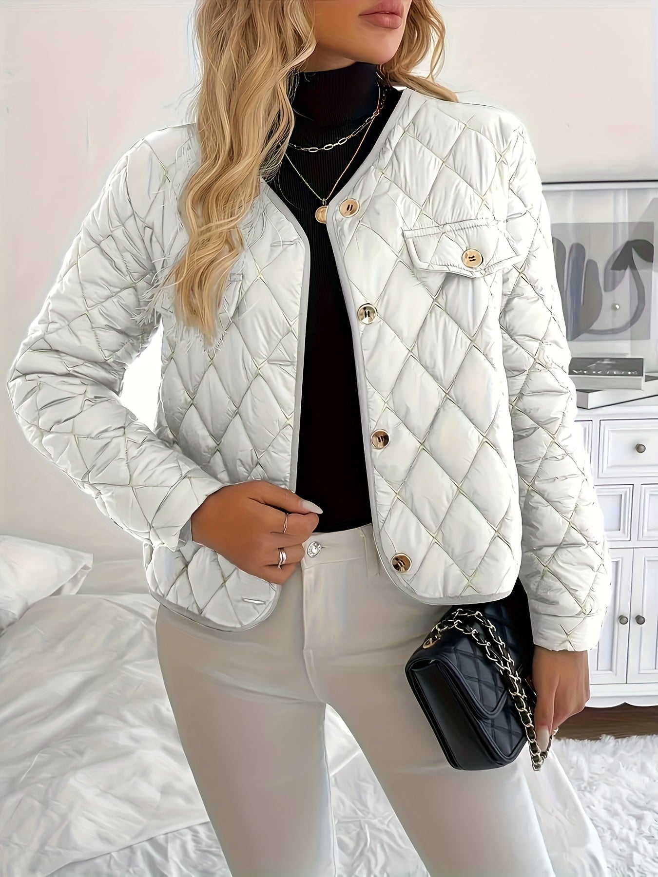 Women'S Quilted Jacket with Golden Buttons - Stylish White Long Sleeve Coat, Casual Fit, Faux Pockets, Perfect for Casual Attire, Casual Wear Jacket | Quilted Jacket | Buttoned Jacket