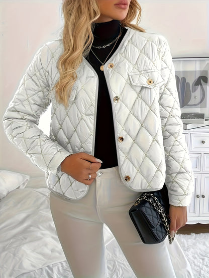 Women'S Quilted Jacket with Golden Buttons - Stylish White Long Sleeve Coat, Casual Fit, Faux Pockets, Perfect for Casual Attire, Casual Wear Jacket | Quilted Jacket | Buttoned Jacket