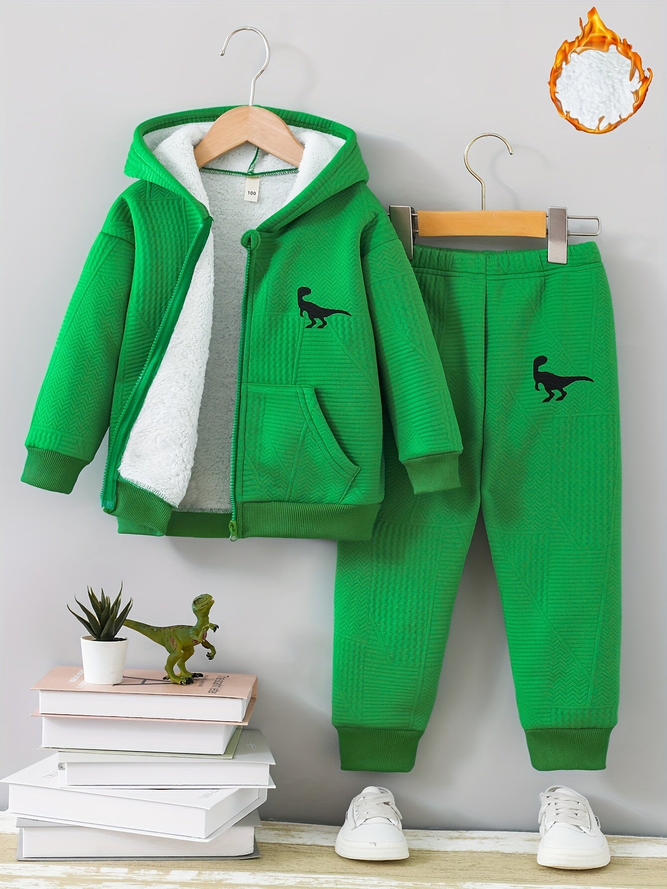 2pcs set of casual and fashionable fleece thickened Jacquard zipper pocket shoulder-length hooded sweatshirt and fleece Jacquard sports jogging pants suit, children's autumn and winter comfortable and versatile clothing, can