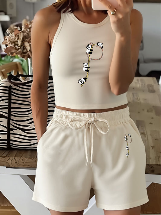 Women's Casual Two-Piece Set with English Print and Wide Leg Pants