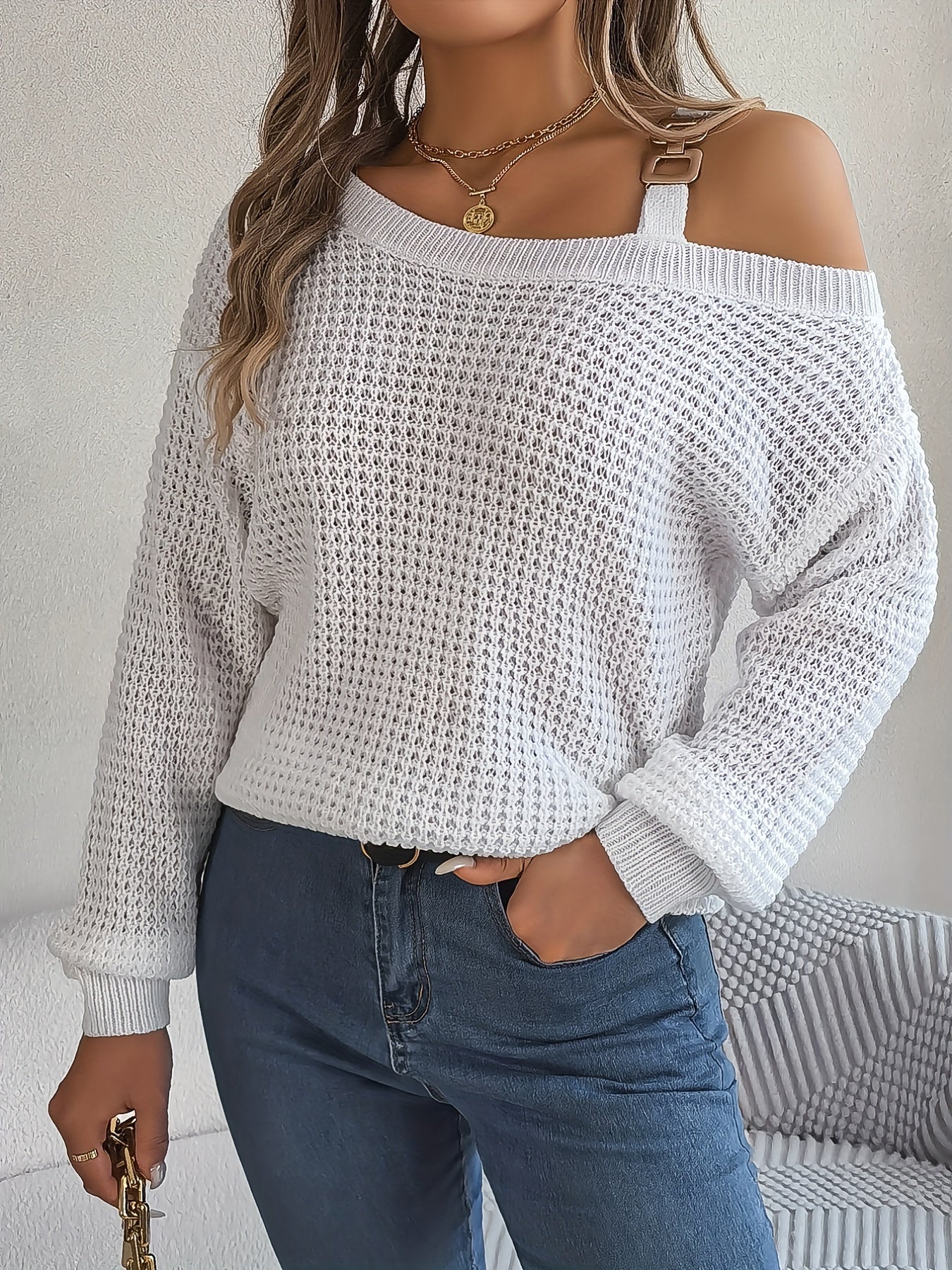 Casual And Versatile Long-Sleeve Sweater with Shoulder Cutouts And Metal Buttons for Autumn And Winter.