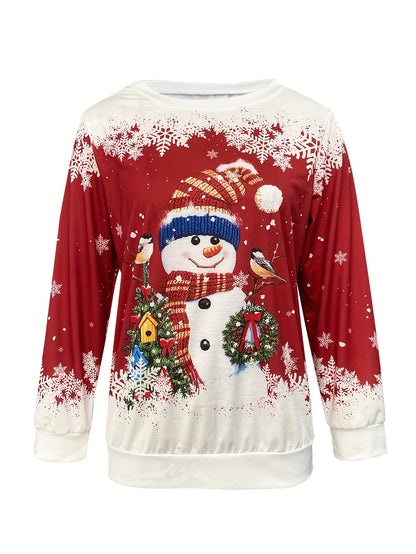 Christmas Snowman Print Sweatshirt, Casual Long Sleeve Crew Neck Sweatshirt For Fall & Spring, Women's Clothing
