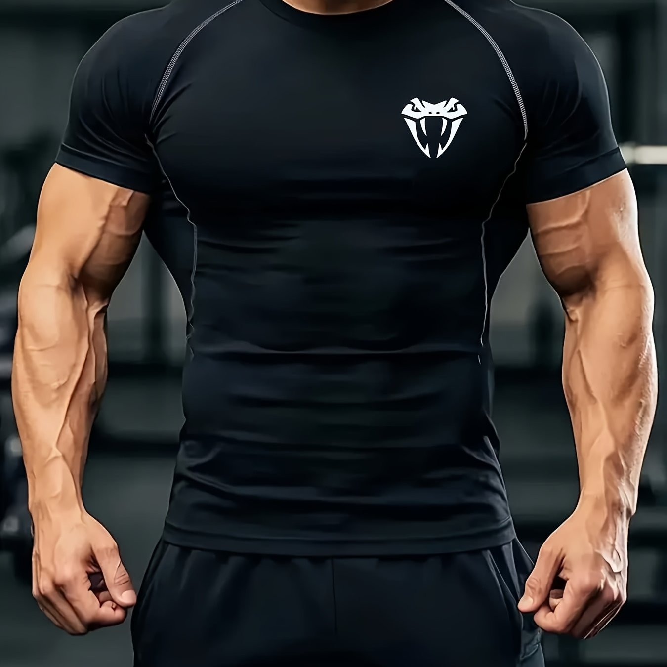 Men'S Quick-Dry Athletic Compression T-Shirt with Serpent Head Logo - Short Sleeve, High Stretch, Breathable Fabric for Running  Workout, Blue