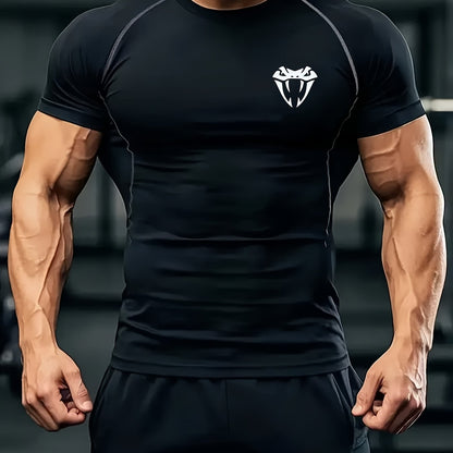 Men'S Quick-Dry Athletic Compression T-Shirt with Serpent Head Logo - Short Sleeve, High Stretch, Breathable Fabric for Running  Workout, Blue