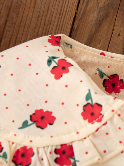 's Red & White Poinsettia & Star Print Dress with Ruffled Collar & Lace Trim - Long Sleeve A-Line Winter Party Dress for Christmas, New Year's, Photo Shoots - Soft Short Dress Outfit (Hand Washable Clothing)