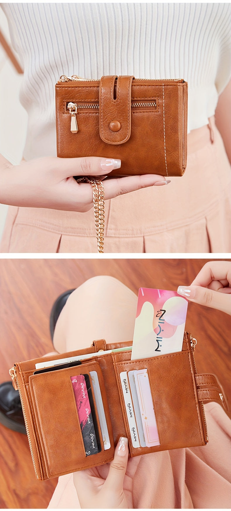 MIYIN Women'S & Men'S Red Bifold Wallet with Anti-Theft Chain Lock, Golden-Tone Hardware & Removable ID Window - Multi-Compartment Organizer with Card Slots