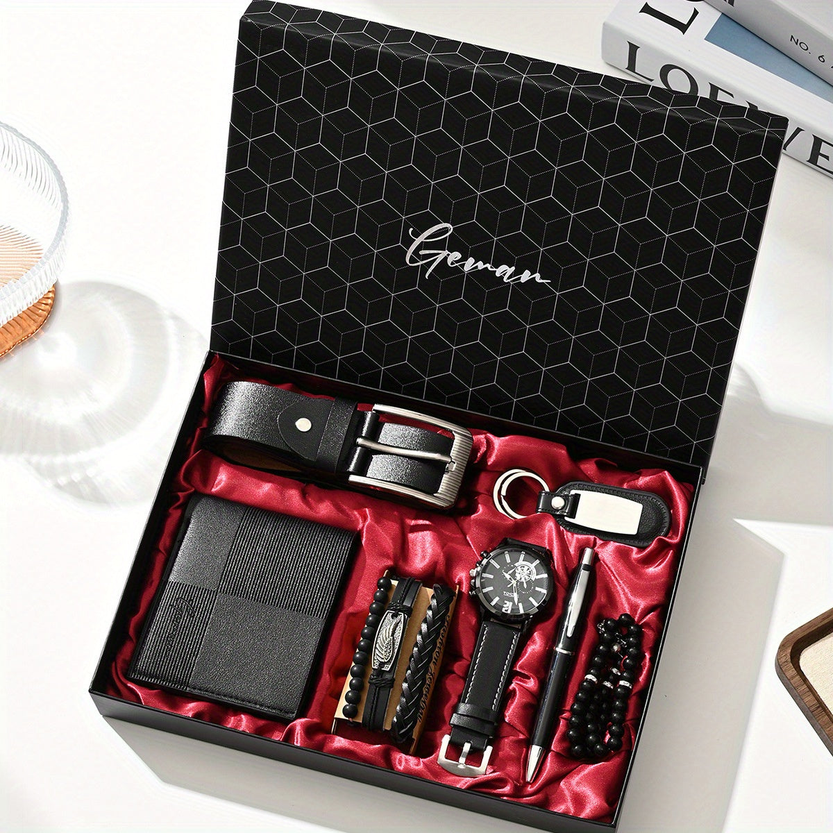 7pcs/set-Men's PU Leather Business Casual Watch Set (wallet + Belt + Keychain + Bracelet + Watch + Pen + Rosary), Minimalist Quartz Watch Set, Exquisite Watch Gift Box, Valentine's Day Gift Box.