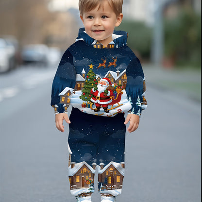 2pcs Boys' Christmas Set with Santa Claus & Winter Snowman Digital Print - Soft Hooded Sweater & Snow Pants Outfit, Cozy Long Sleeve Winter Clothes for to 12 Years, Machine Washable Festive Outfits for Xmas Parties & Casual A