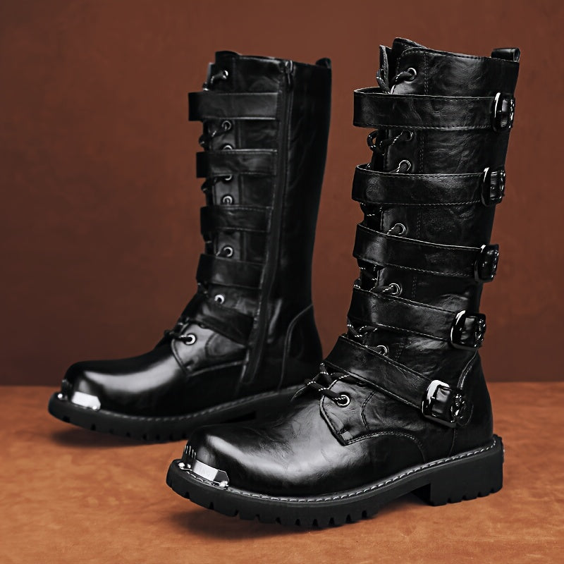 Men's Stylish PU Leather Boots with Zipper and Buckle