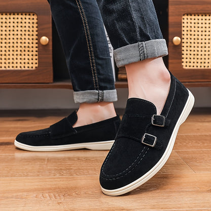 Men's British Style Double Buckle Loafers, Soft Sole Casual Shoes