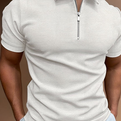 Men's Solid Short Sleeve Zipper Shirt, Casual Male Shirt For Summer Outdoor, Gift For Men - ayq