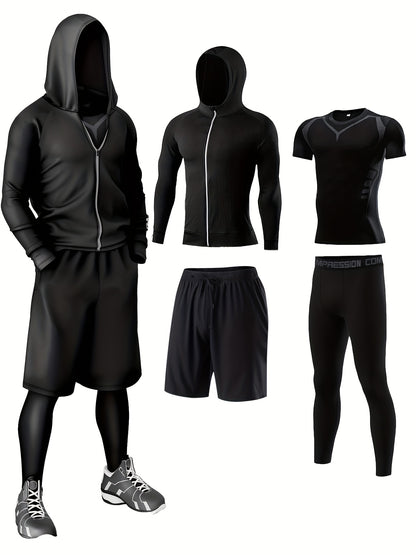4pcs Athletic Sportswear Set, Polyester 95% Elastane 5% Knit Fabric, All-Season Crew Neck Hoodie, Skinny Fit Solid Color, Breathable Quick-Dry for Running, Fitness, Cycling & Outdoor Activities