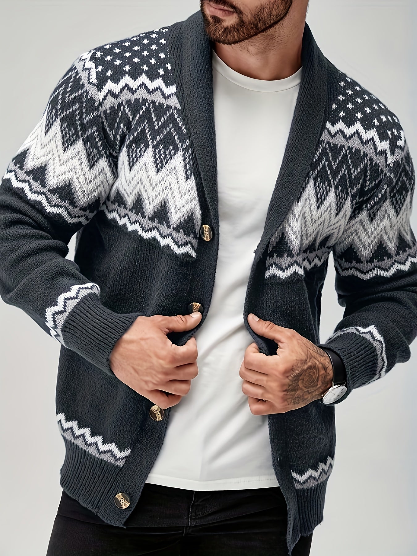 Men's Casual Geometric Pattern Cardigan Sweater - Navy Blue with White and Black Accents, Button-Up Collar, Machine Washable, Polyester for Fall/Winter