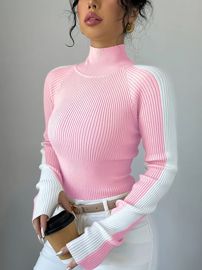 Elegant Contrast Color Turtleneck Soft Base Layer Top