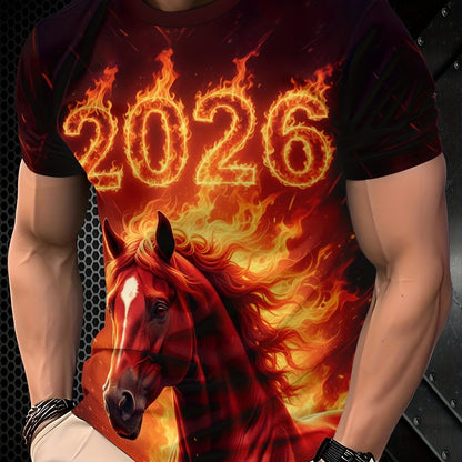 Men's 3D Horse & Flame Graphic T-Shirt with 2026 Number Design - Red & Black Casual Summer Tee, Regular Fit