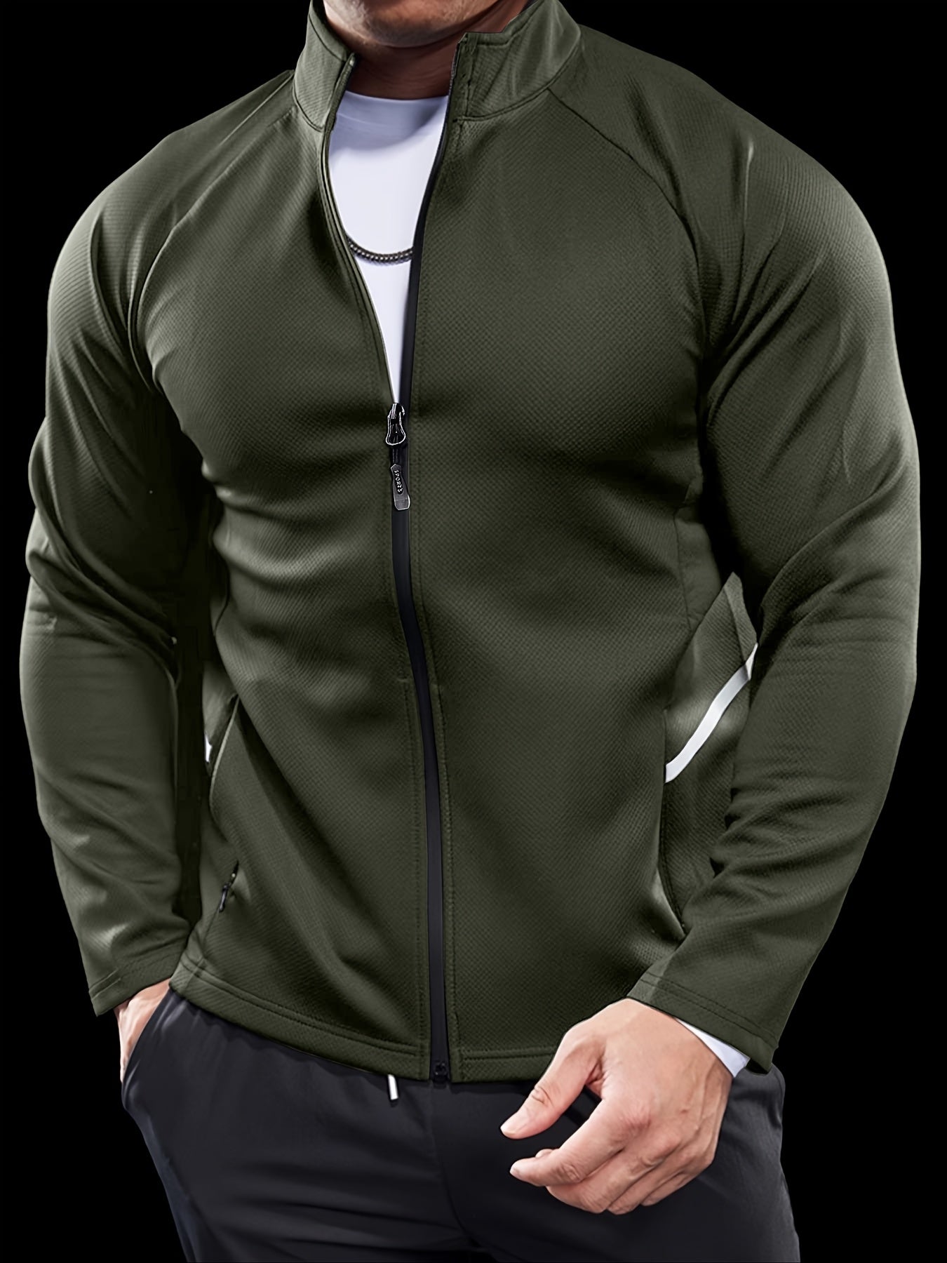 Men'S Slim Fit Quick-Dry Zip-Up Jacket - Lightweight Comfort Fabric, Stand Collar, Long Sleeves for Running & Outdoor Activities, Olive Green, Fall/Winter Casual Sportswear, Sportswear | Sleek Design | Durable Sportswear