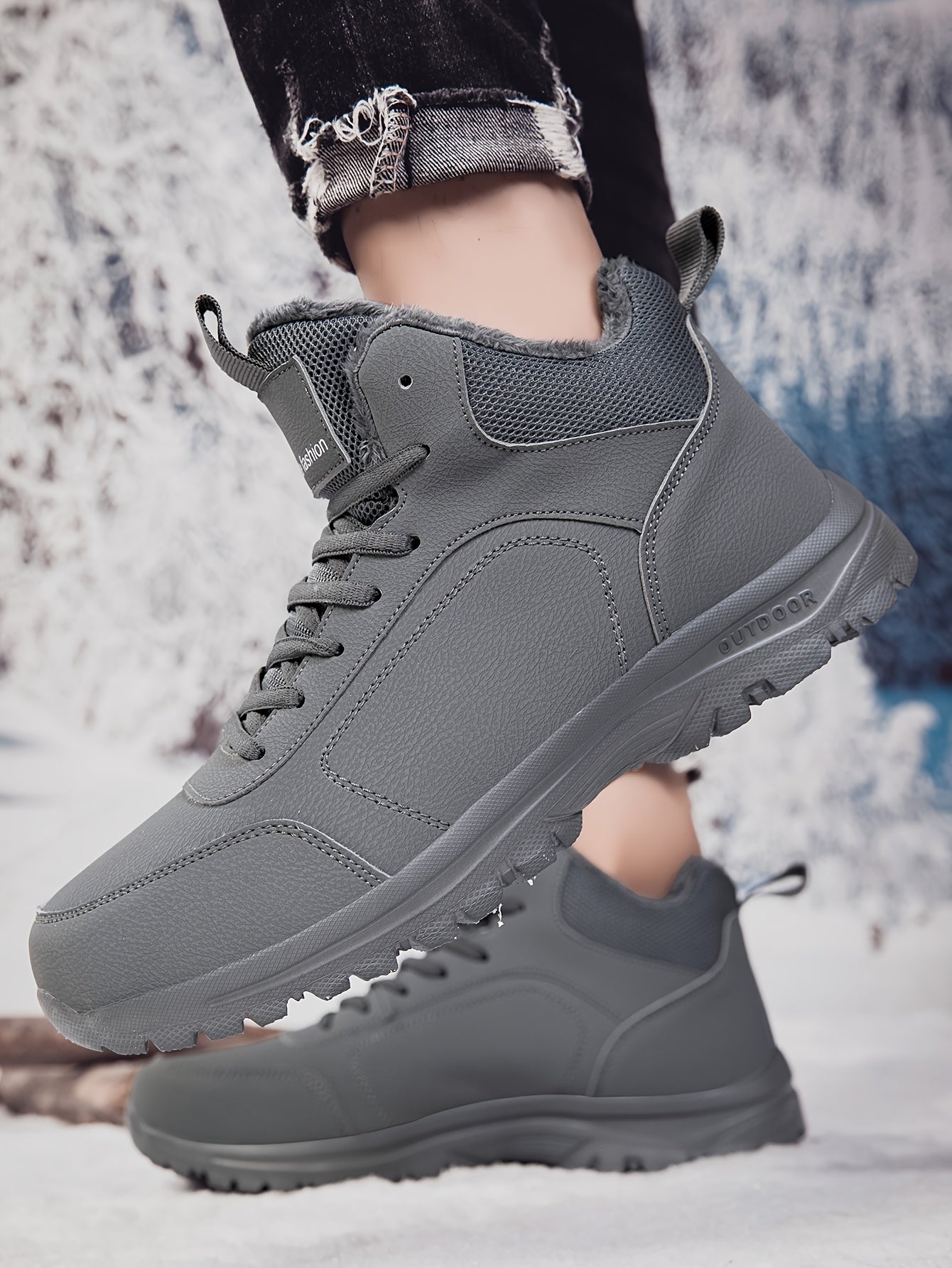 Men'S Mid-Top Winter Snow Boots - Lightweight, Non-Slip, Warm Plush Lining, Durable MD Sole, Black Workwear & Street Style for Outdoor Sports, Hiking, and Daily Leisure, Winter Boots, Hiking Footwear, Sleek Boot Design, Flexi